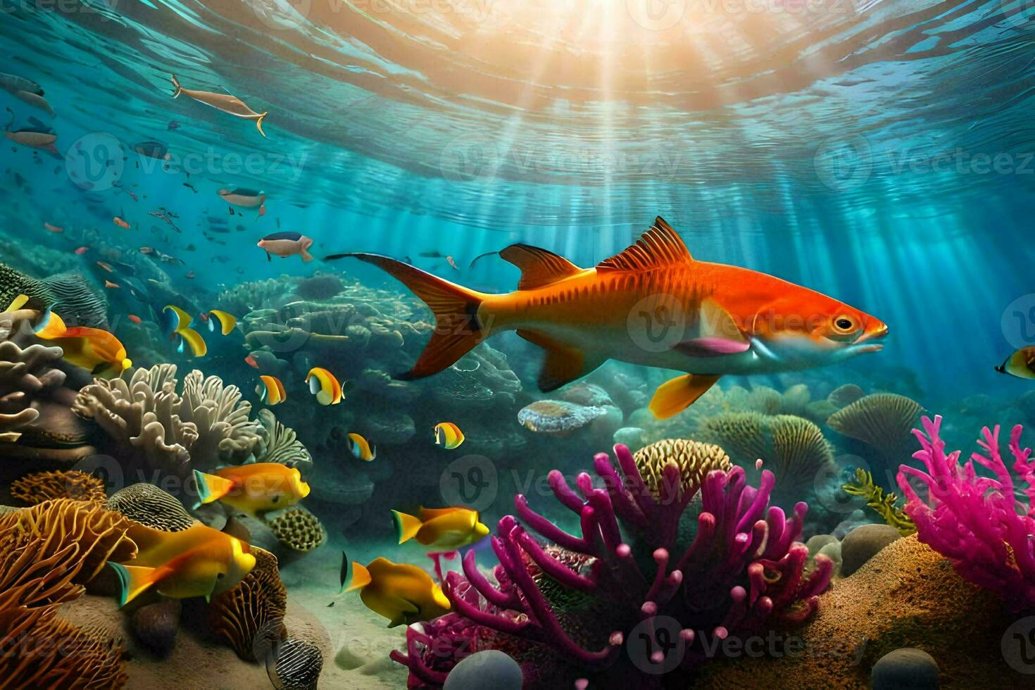 fish swimming in the ocean with coral reefs and other fish. AI-Generated photo