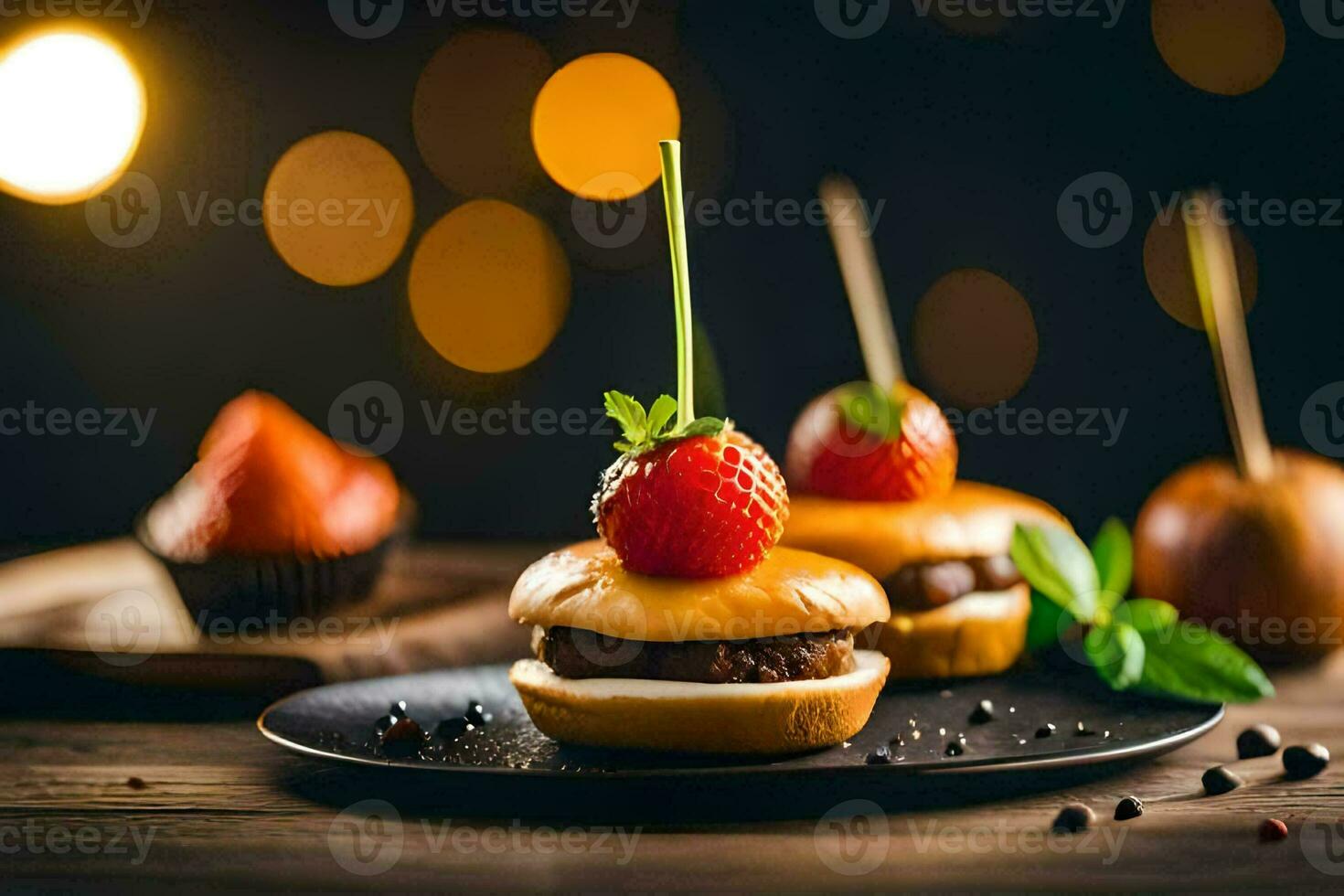 a plate with a strawberry and a burger on it. AI-Generated photo