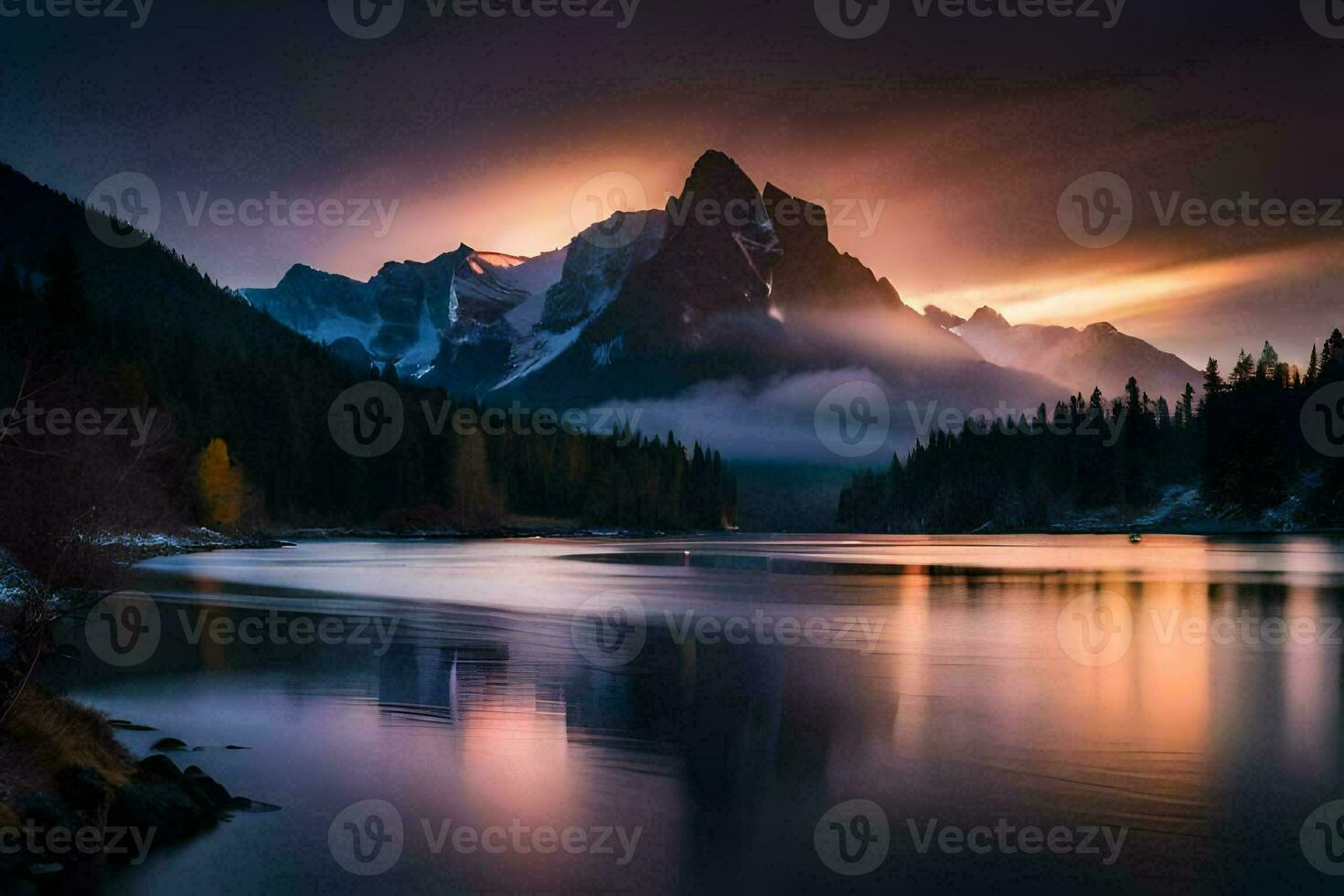 a beautiful sunset over a mountain range and lake. AI-Generated photo