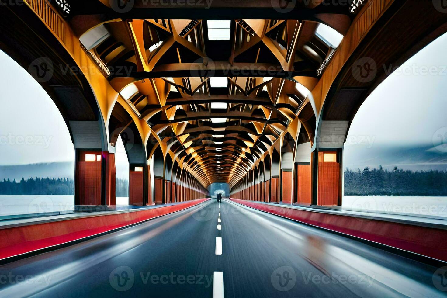 un largo exposición fotografía de un puente con un coche conducción en él. generado por ai foto