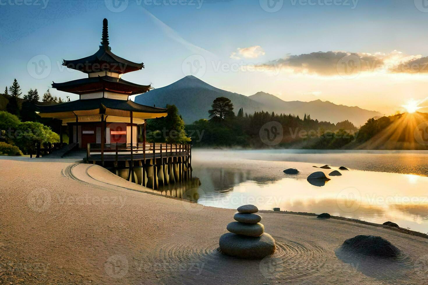 a pagoda sits on the shore of a lake with mountains in the background. AI-Generated photo