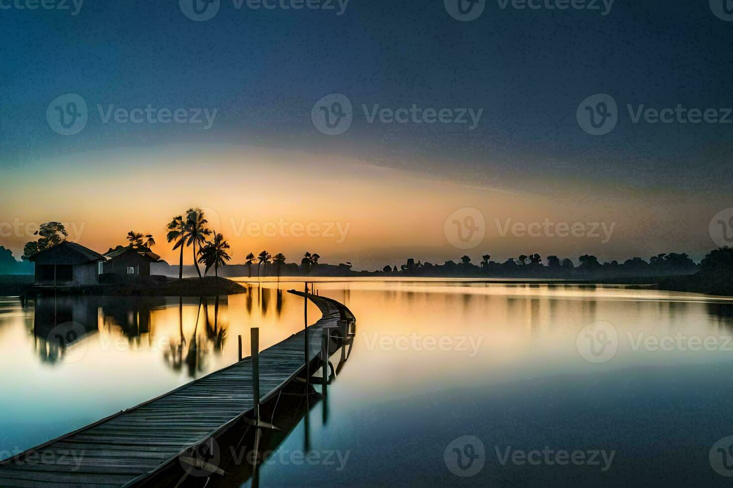 a wooden pier in the middle of a lake at sunrise. AI-Generated photo