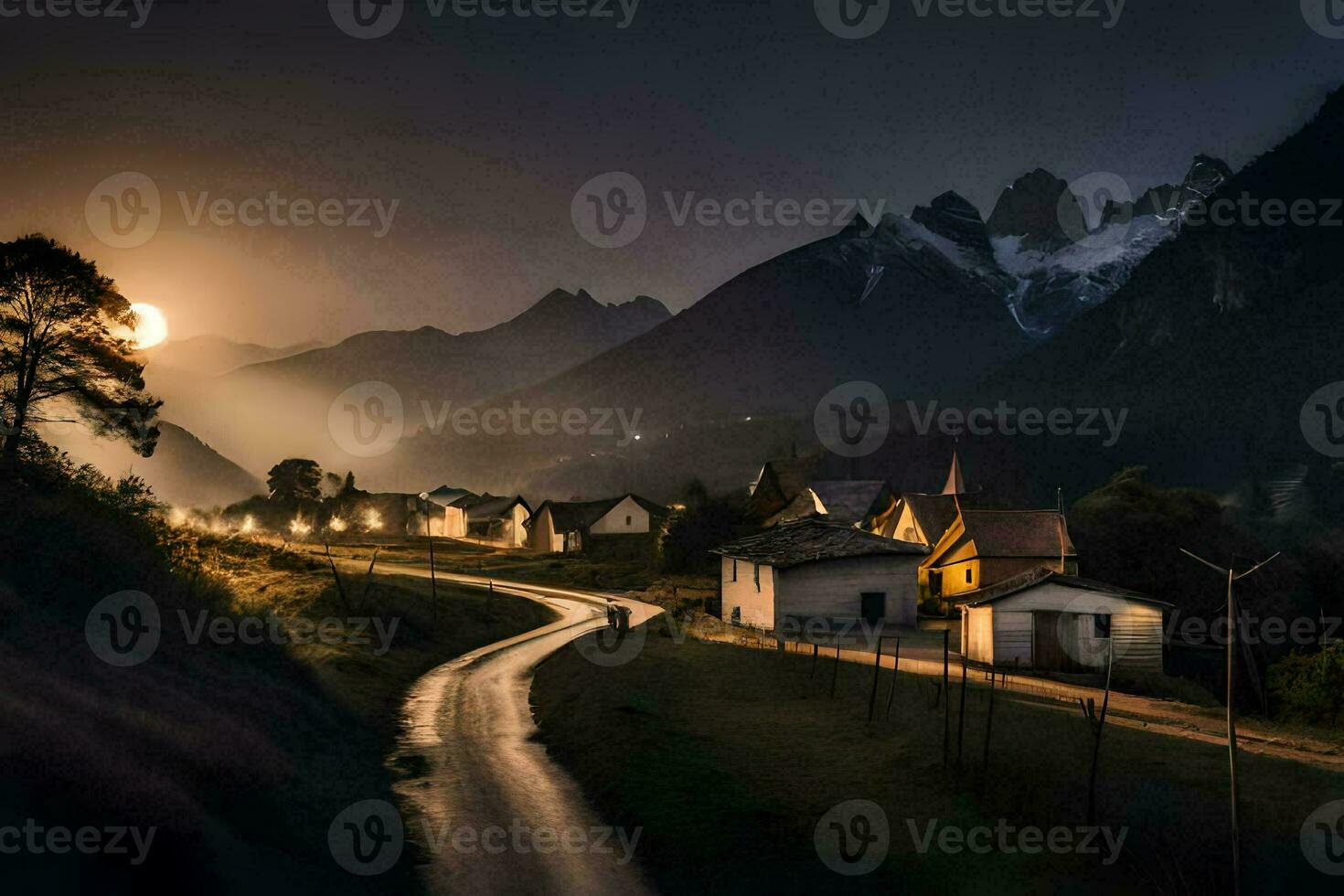 a road leading to a village at night with a full moon. AI-Generated photo