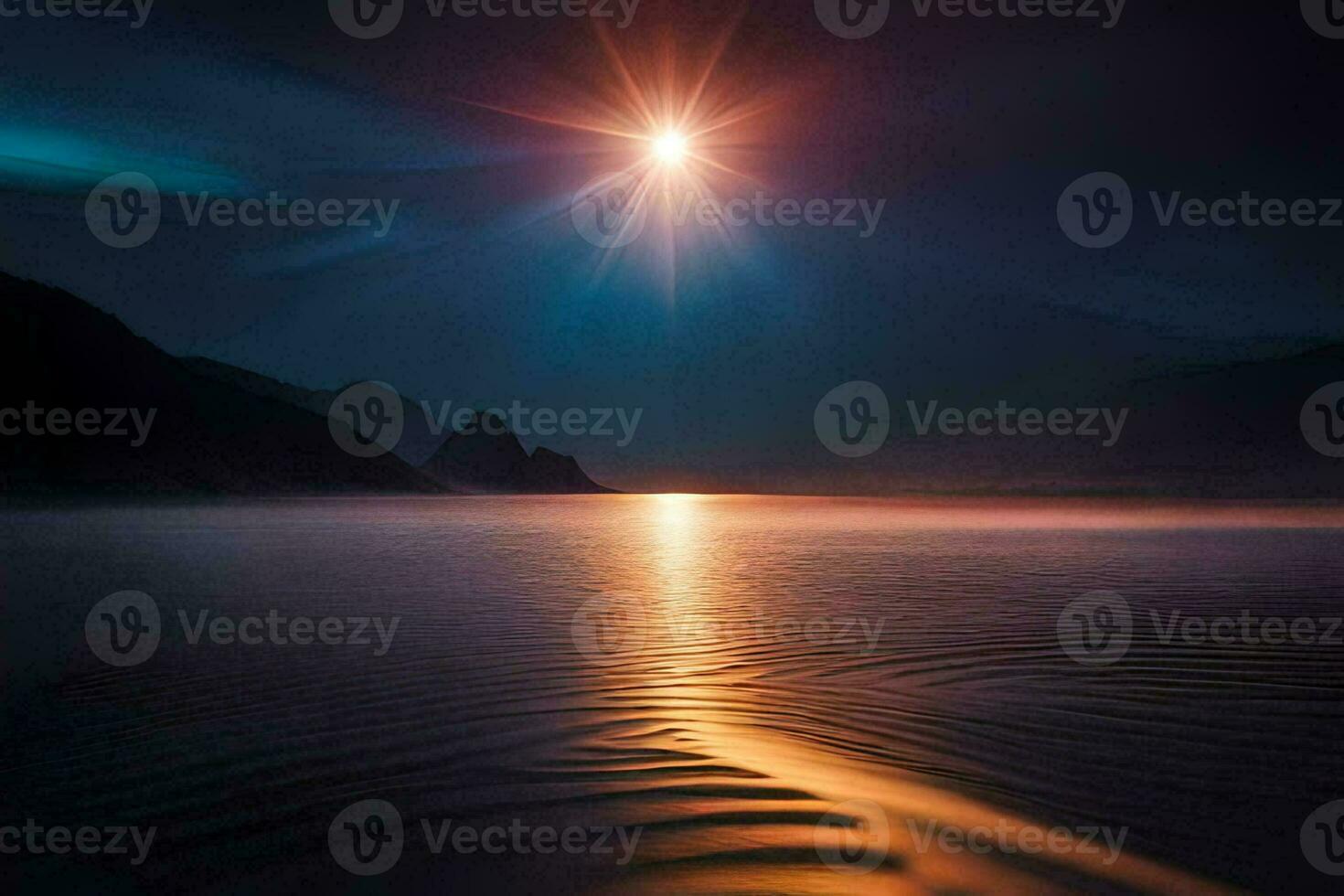 the moon shines brightly over a lake at night. AI-Generated photo