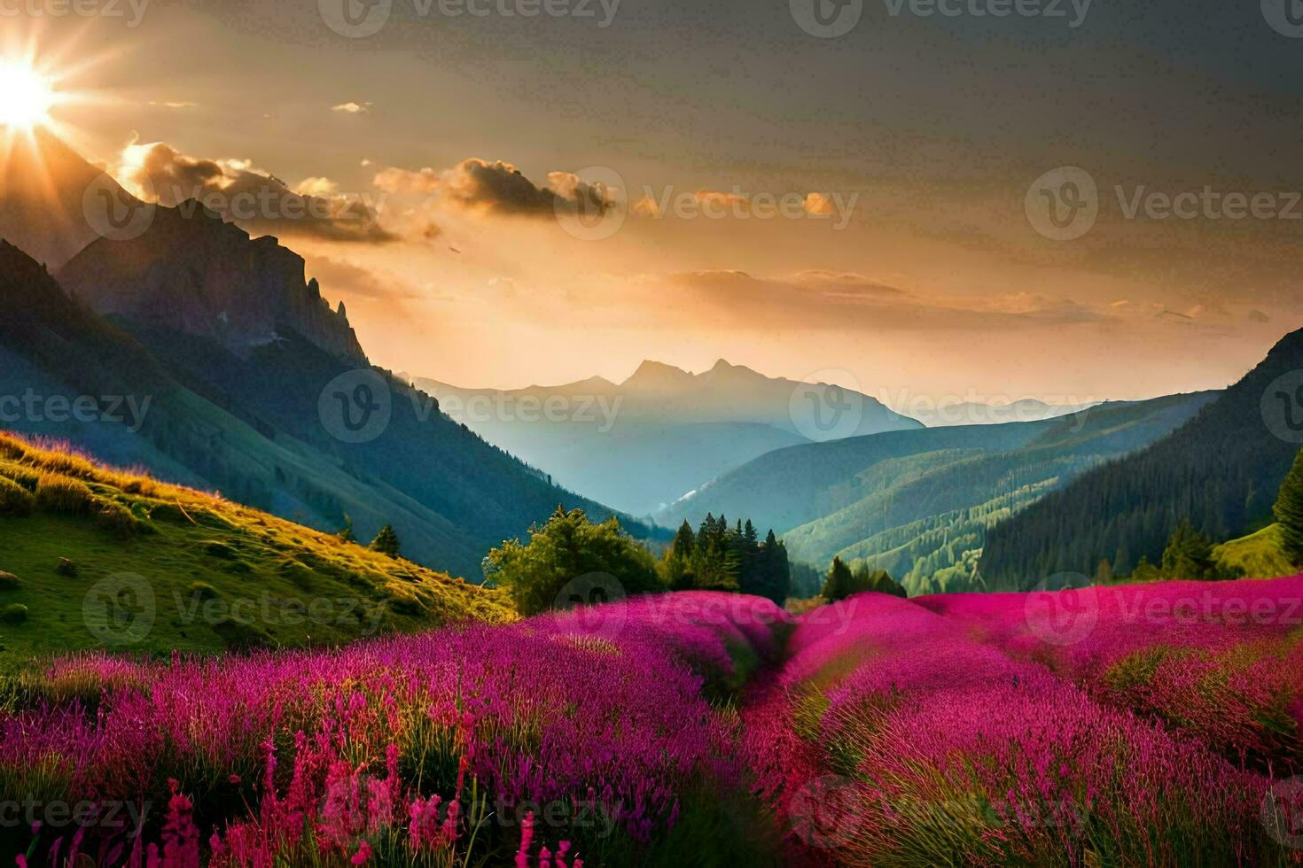 el Dom brilla en un campo de lavanda flores en el montañas. generado por ai foto