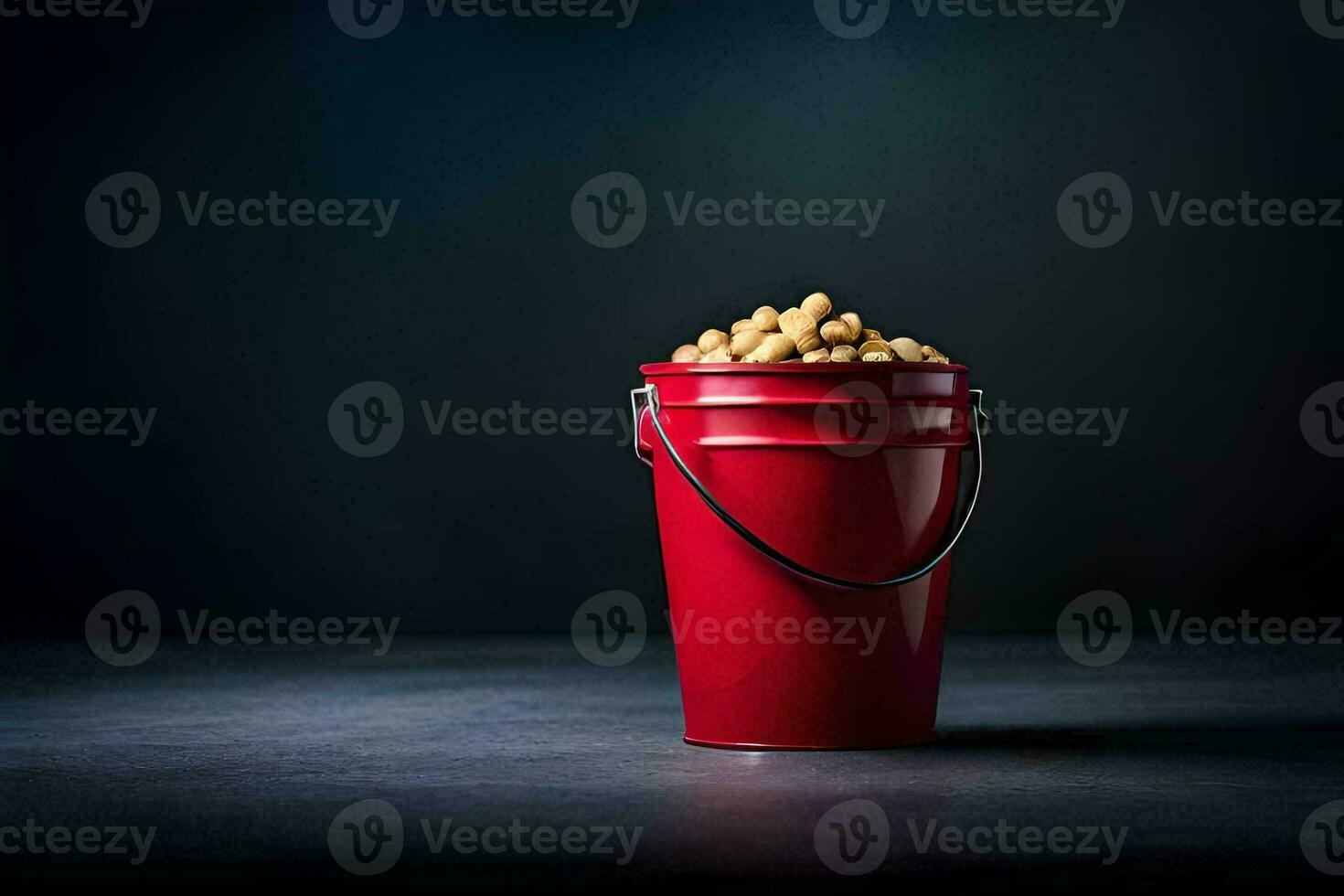a red bucket filled with peanuts on a dark background. AI-Generated photo