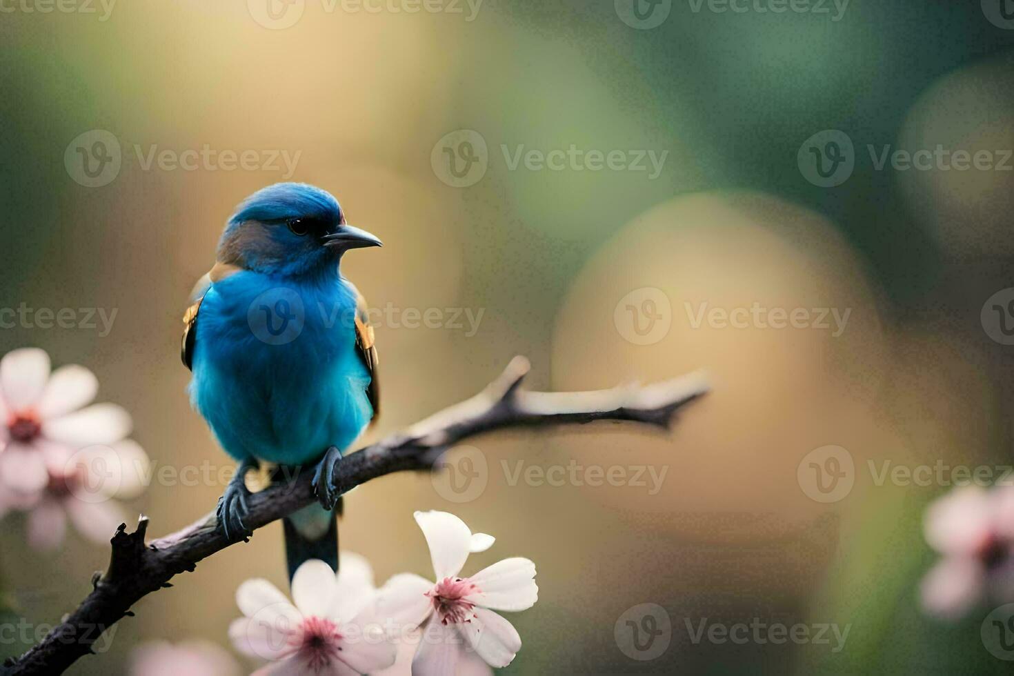 a blue bird sits on a branch with pink flowers. AI-Generated photo