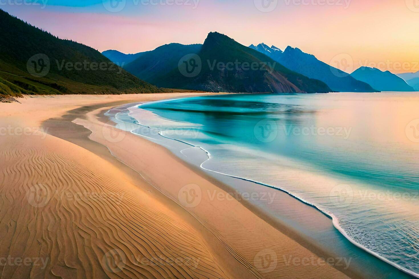 a beautiful beach with waves and mountains at sunset. AI-Generated photo