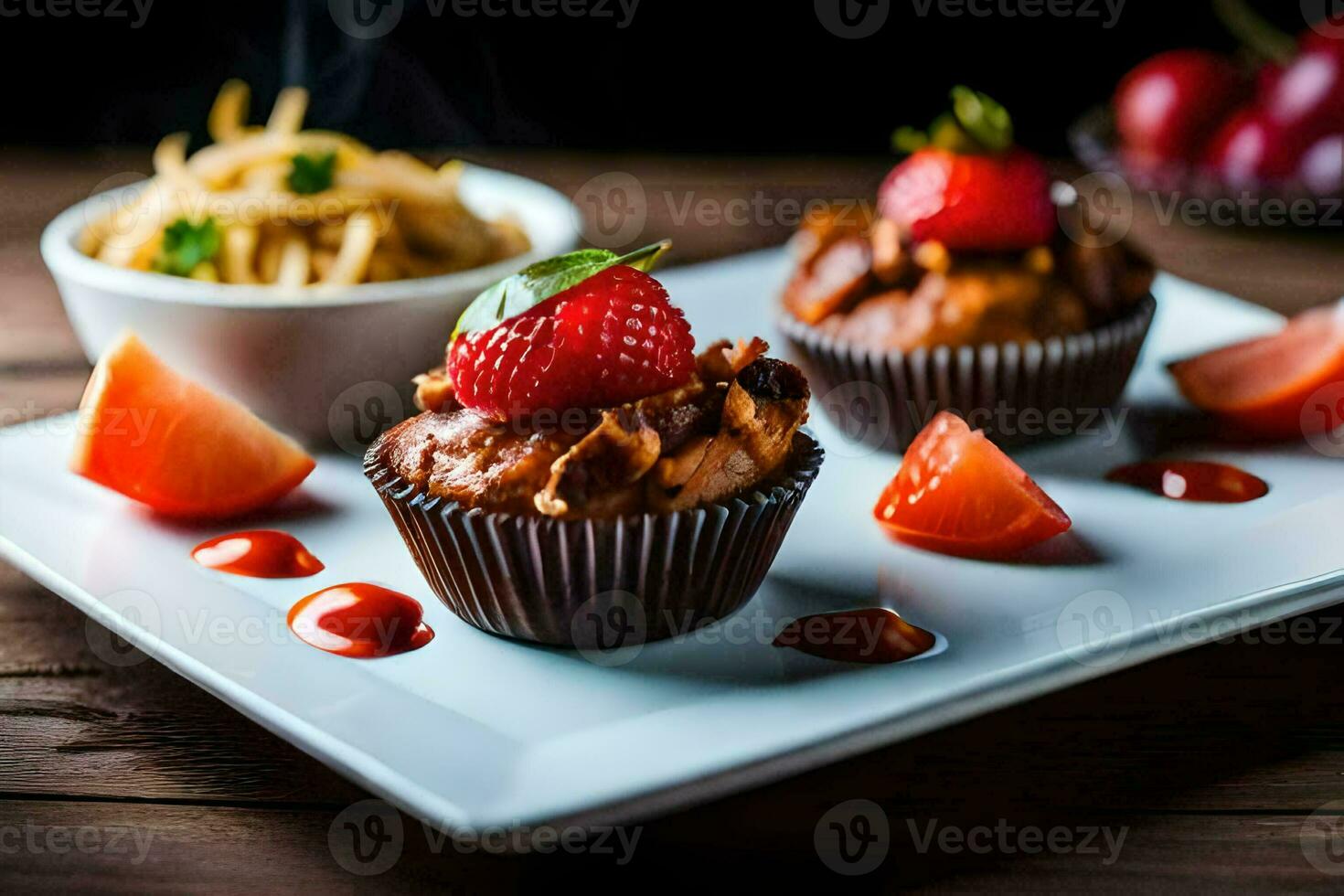 two cupcakes with strawberries and sauce on a white plate. AI-Generated photo