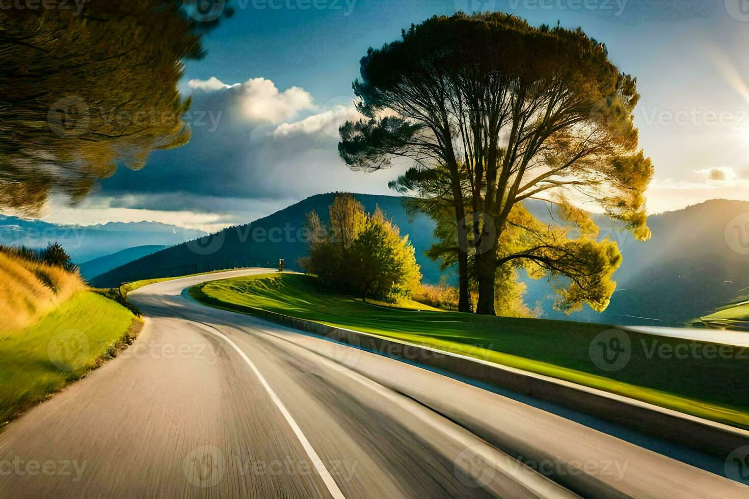 a road in the mountains with trees and sun. AI-Generated photo