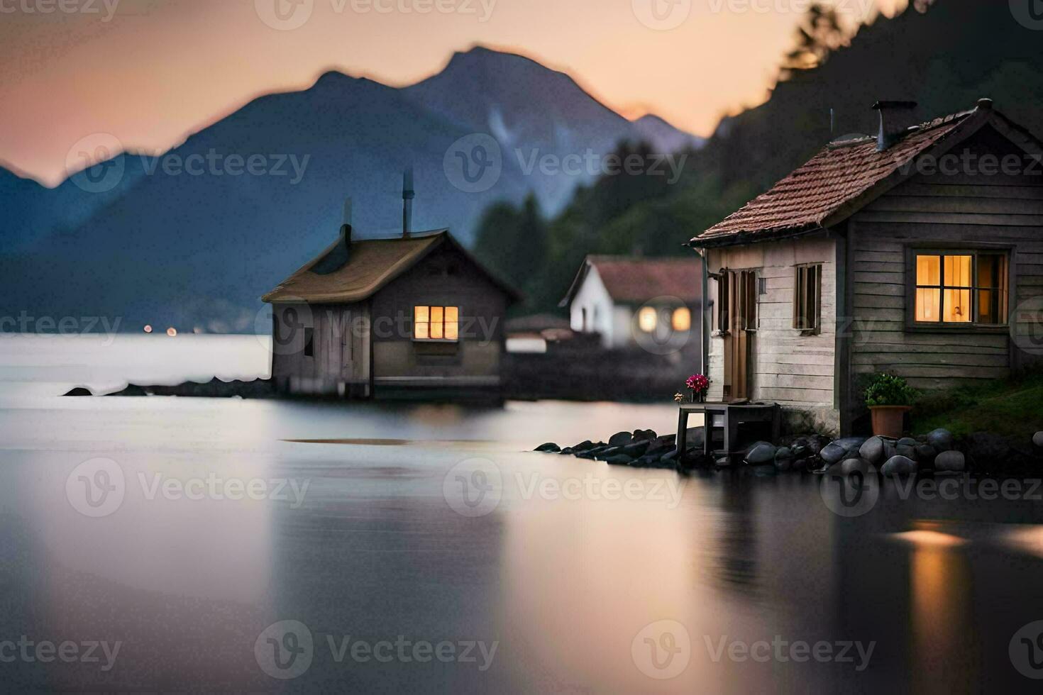 two small wooden houses sit on the shore of a lake. AI-Generated photo
