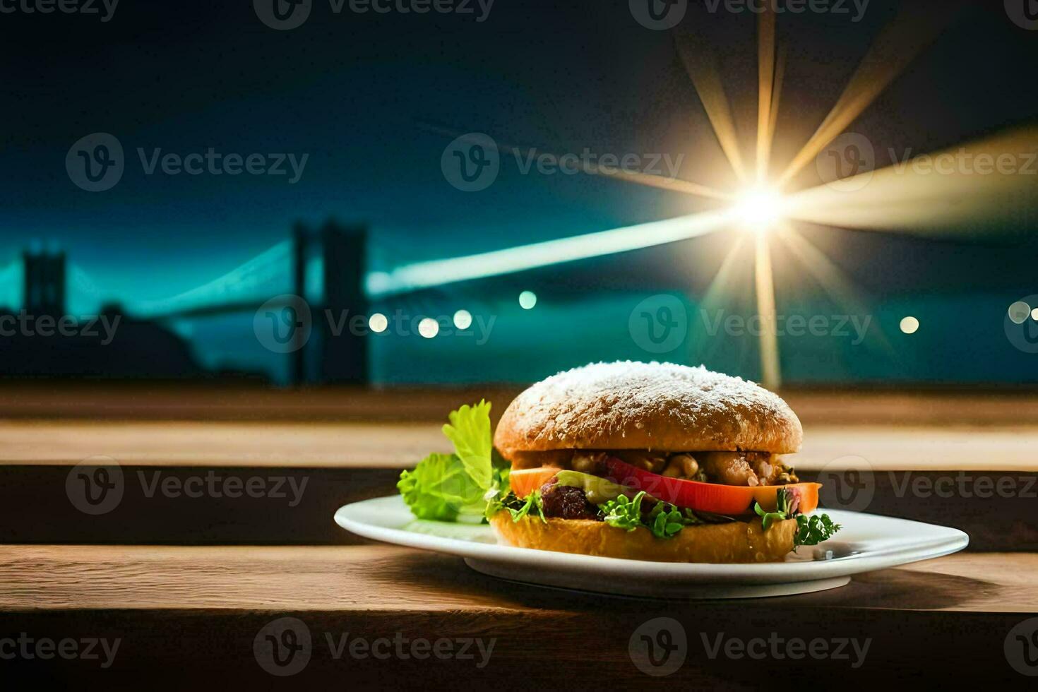 a hamburger is sitting on a plate with a view of the city. AI-Generated photo