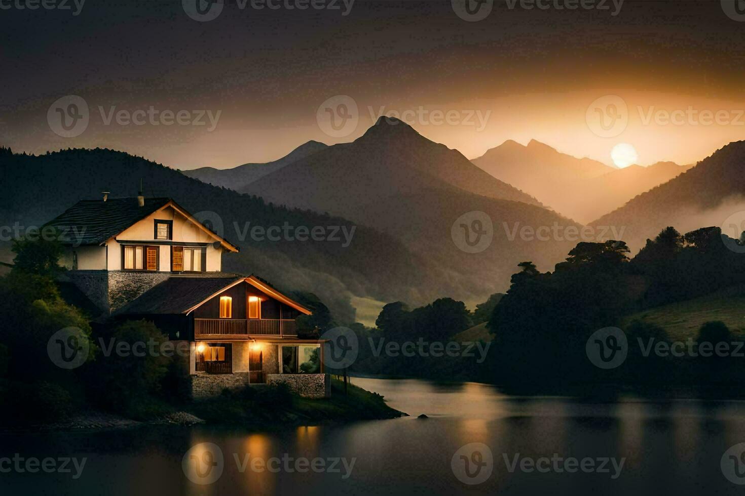 photo wallpaper the sky, mountains, lake, house, sunset, the house, the mountains,. AI-Generated