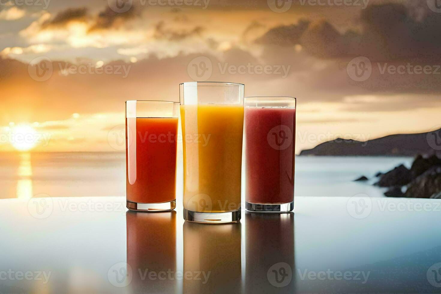 Tres lentes de jugo en un mesa con el Dom ajuste detrás a ellos. generado por ai foto