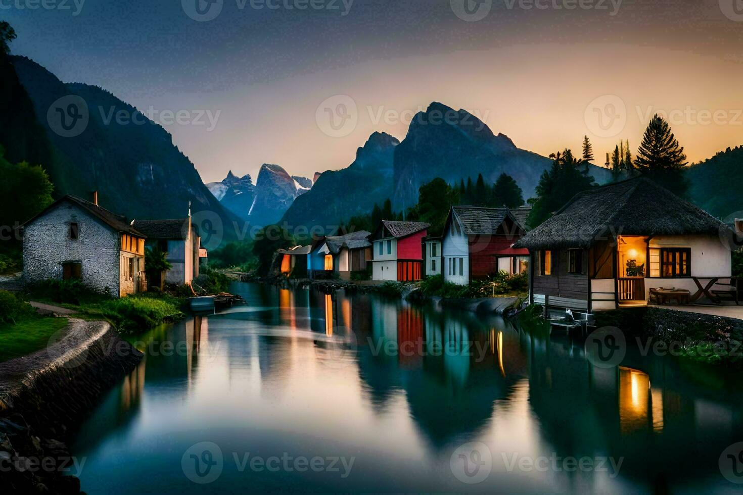 a river runs through a village at sunset. AI-Generated photo