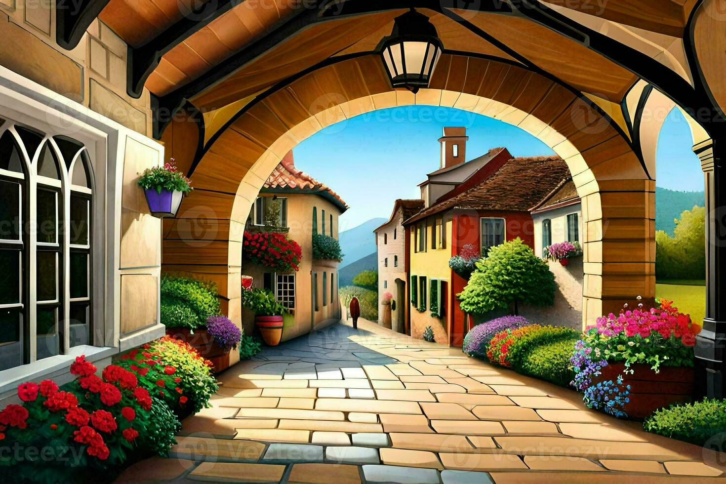 an illustration of a street with flowers and houses. AI-Generated photo