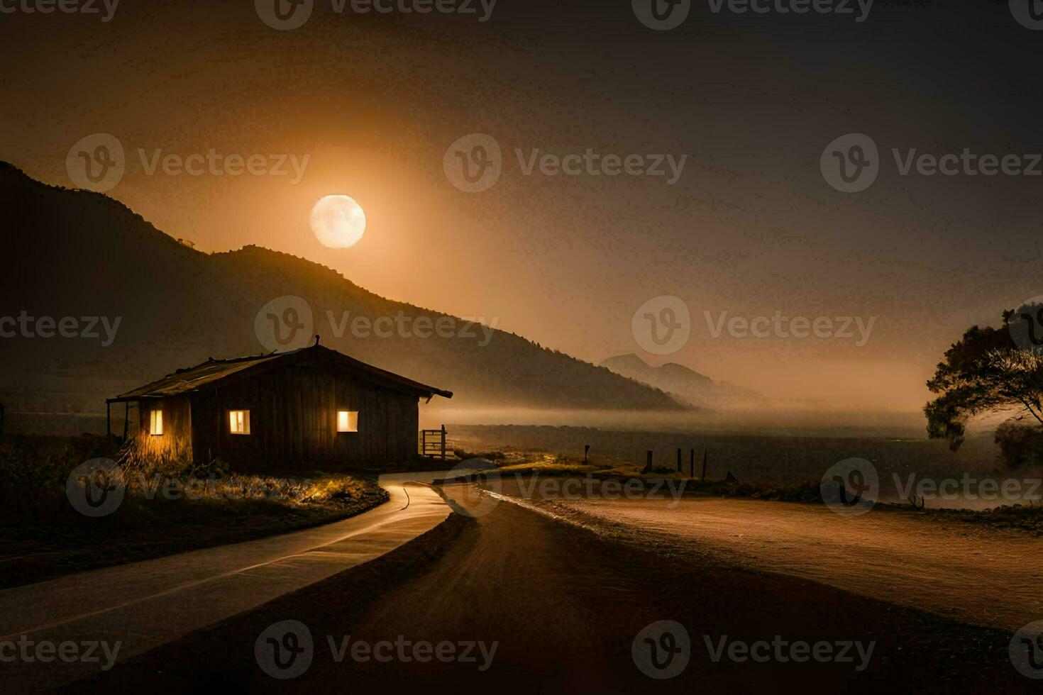 a house sits on a road at night with a full moon. AI-Generated photo