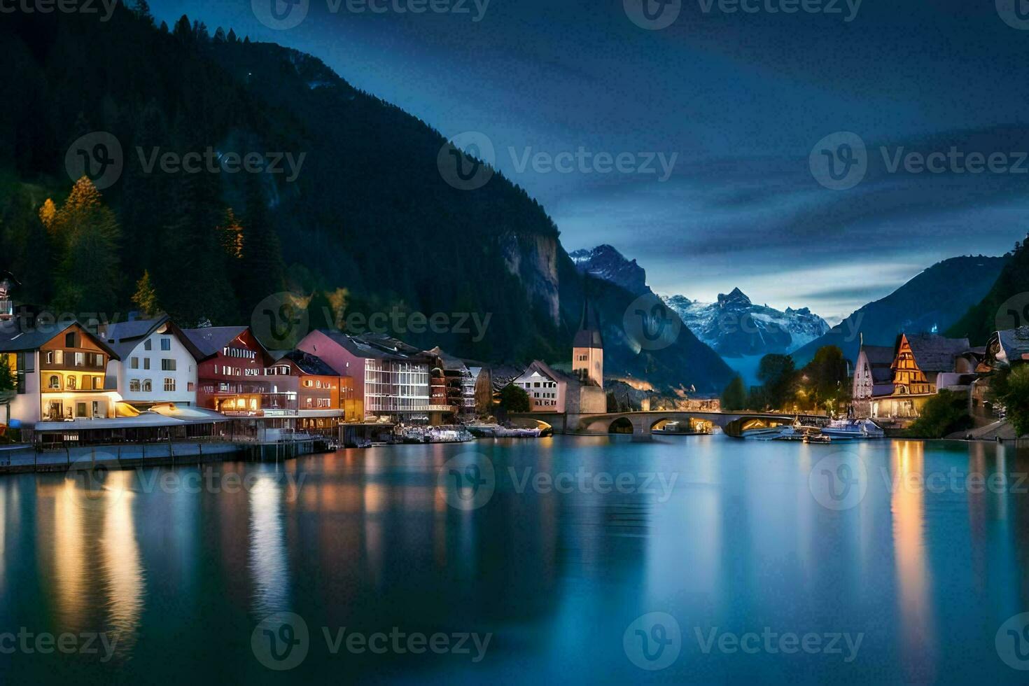 the town of hallstatt, austria, at night. AI-Generated photo