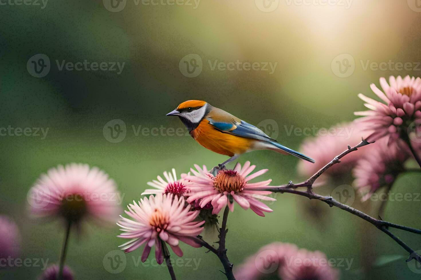 photo wallpaper the sky, flowers, bird, nature, the sun, the bird, flowers,. AI-Generated