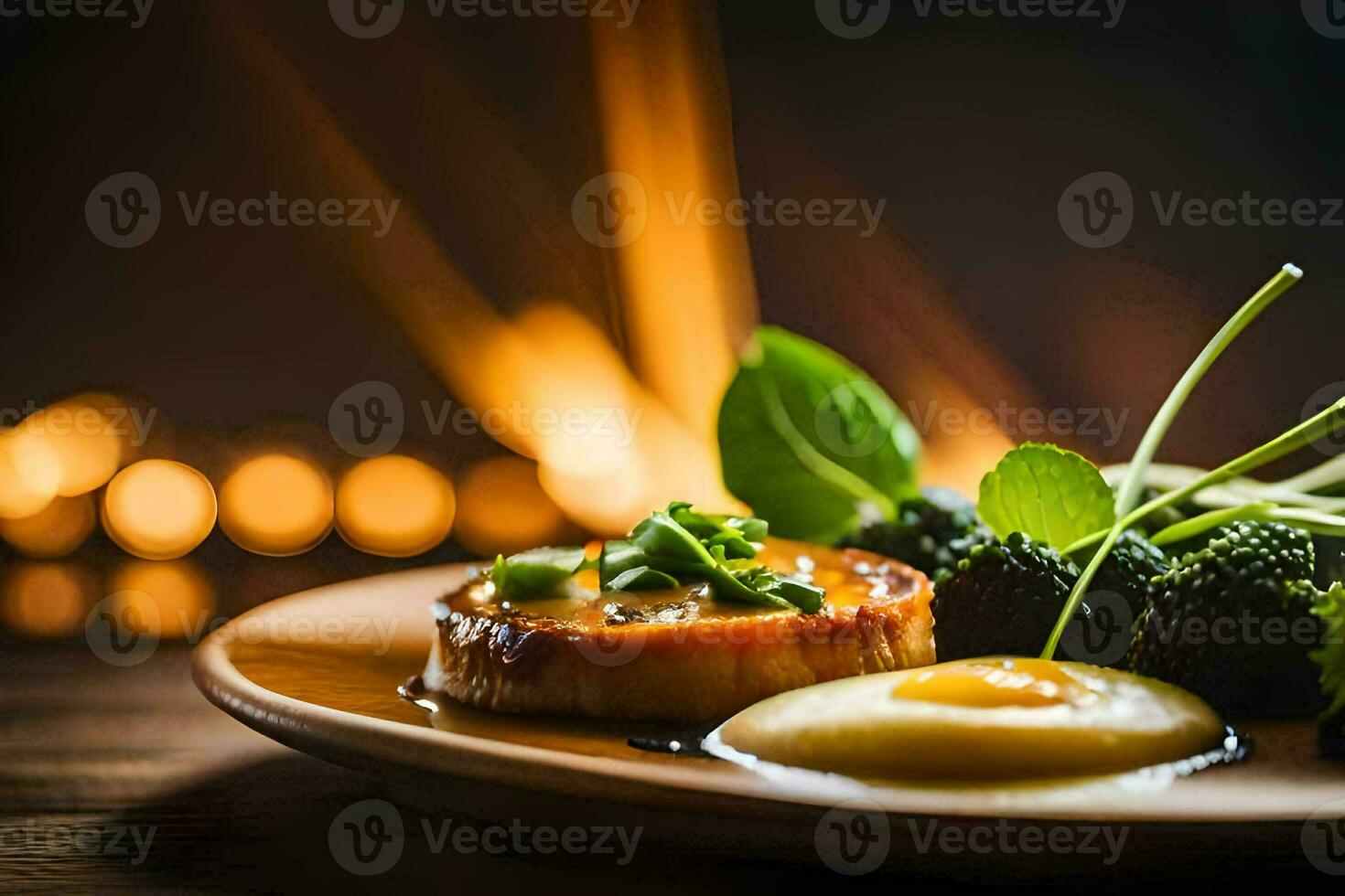 a plate with food on it sitting in front of a fireplace. AI-Generated photo
