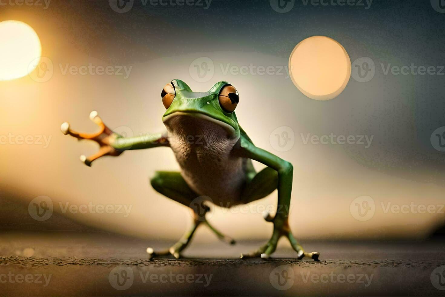 a frog is standing on its hind legs with its arms outstretched. AI-Generated photo