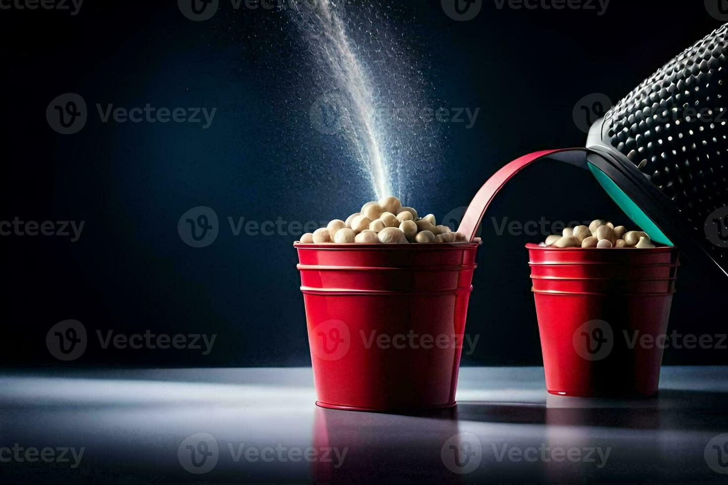 two red cups filled with popcorn and a sprinkler. AI-Generated photo