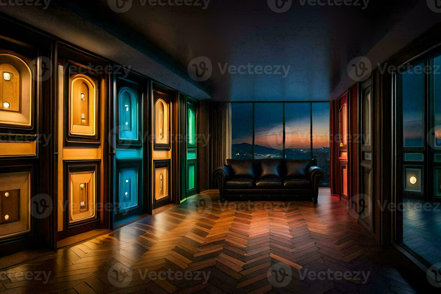a room with a couch and a window with colorful lights. AI-Generated photo