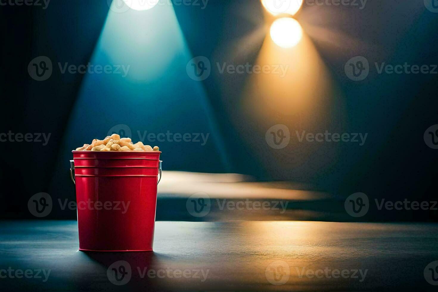 a red bucket of popcorn on a table in front of a spotlight. AI-Generated photo