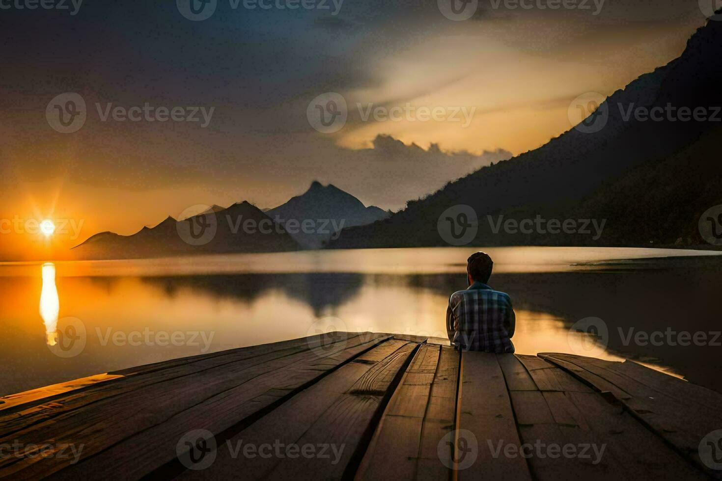 a man sitting on a dock looking at the sun setting over a lake. AI-Generated photo