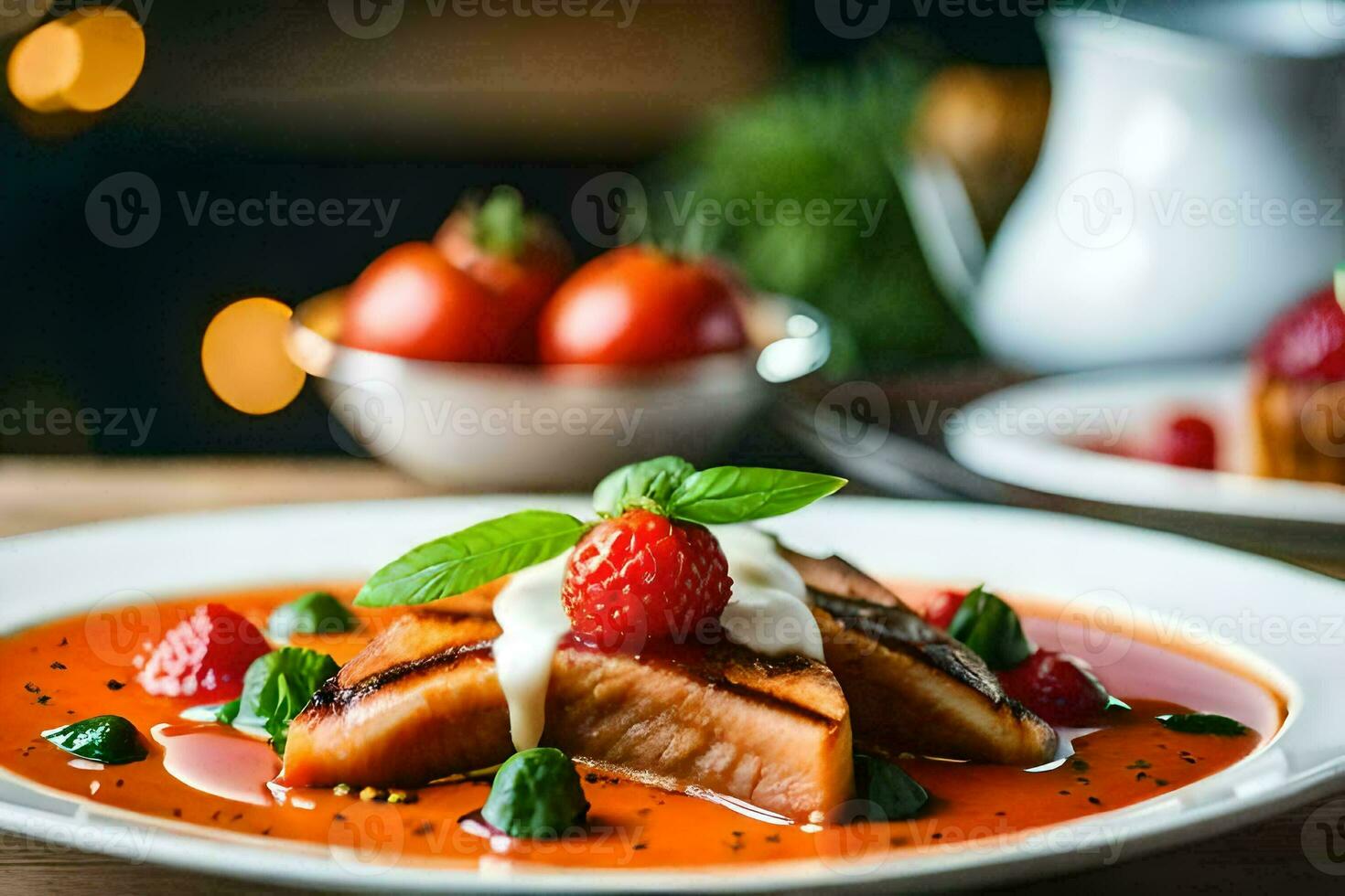 a plate of food with a tomato sauce and strawberries. AI-Generated photo