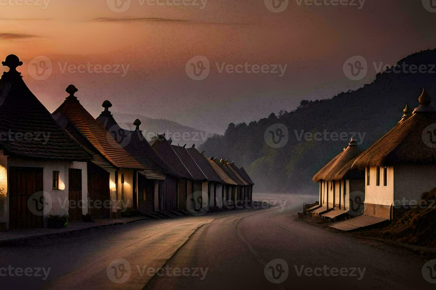 a long road with houses on either side. AI-Generated photo