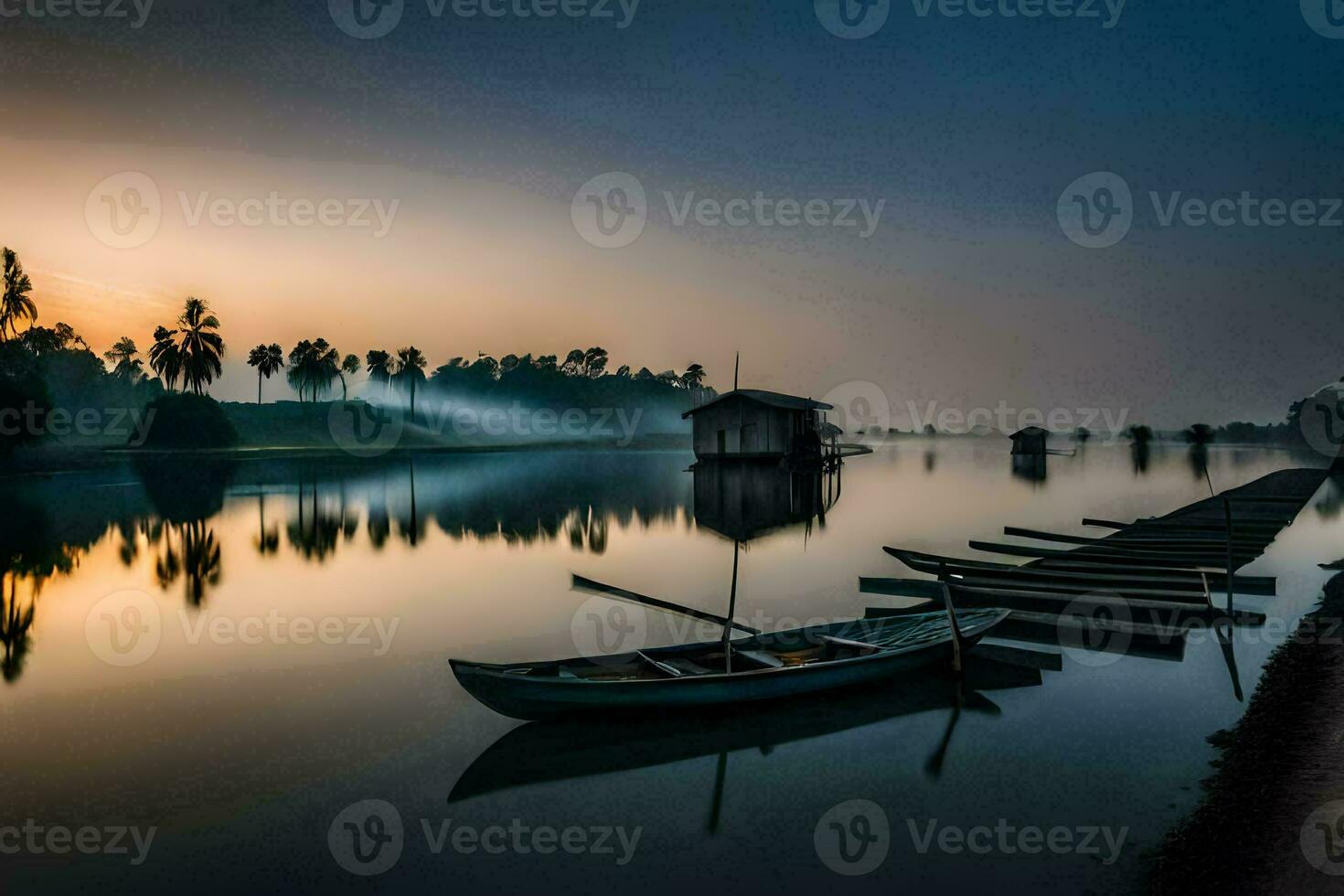 a boat sits on the shore of a lake at sunrise. AI-Generated photo