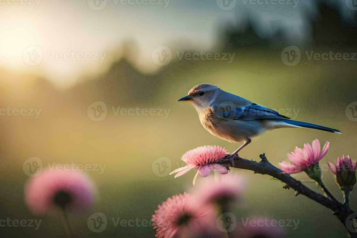 a blue jay perched on a pink flower. AI-Generated photo