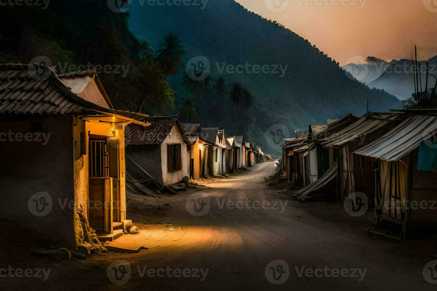 un pueblo calle a oscuridad con casas y montañas en el antecedentes. generado por ai foto