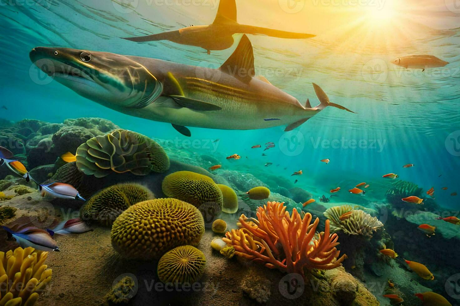 shark swimming in the ocean with coral reefs and fish. AI-Generated photo