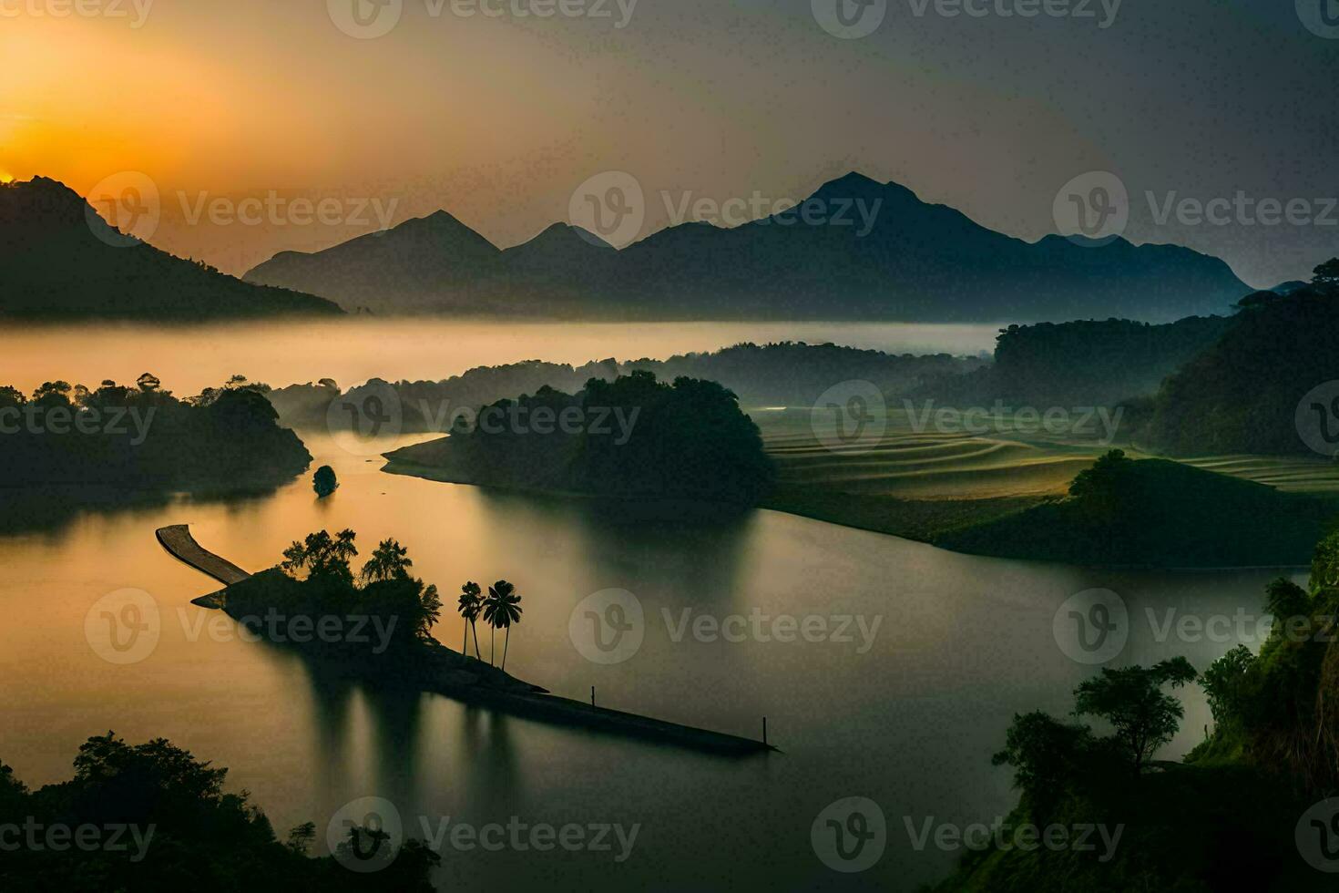 the sun rises over a lake and mountains in vietnam. AI-Generated photo