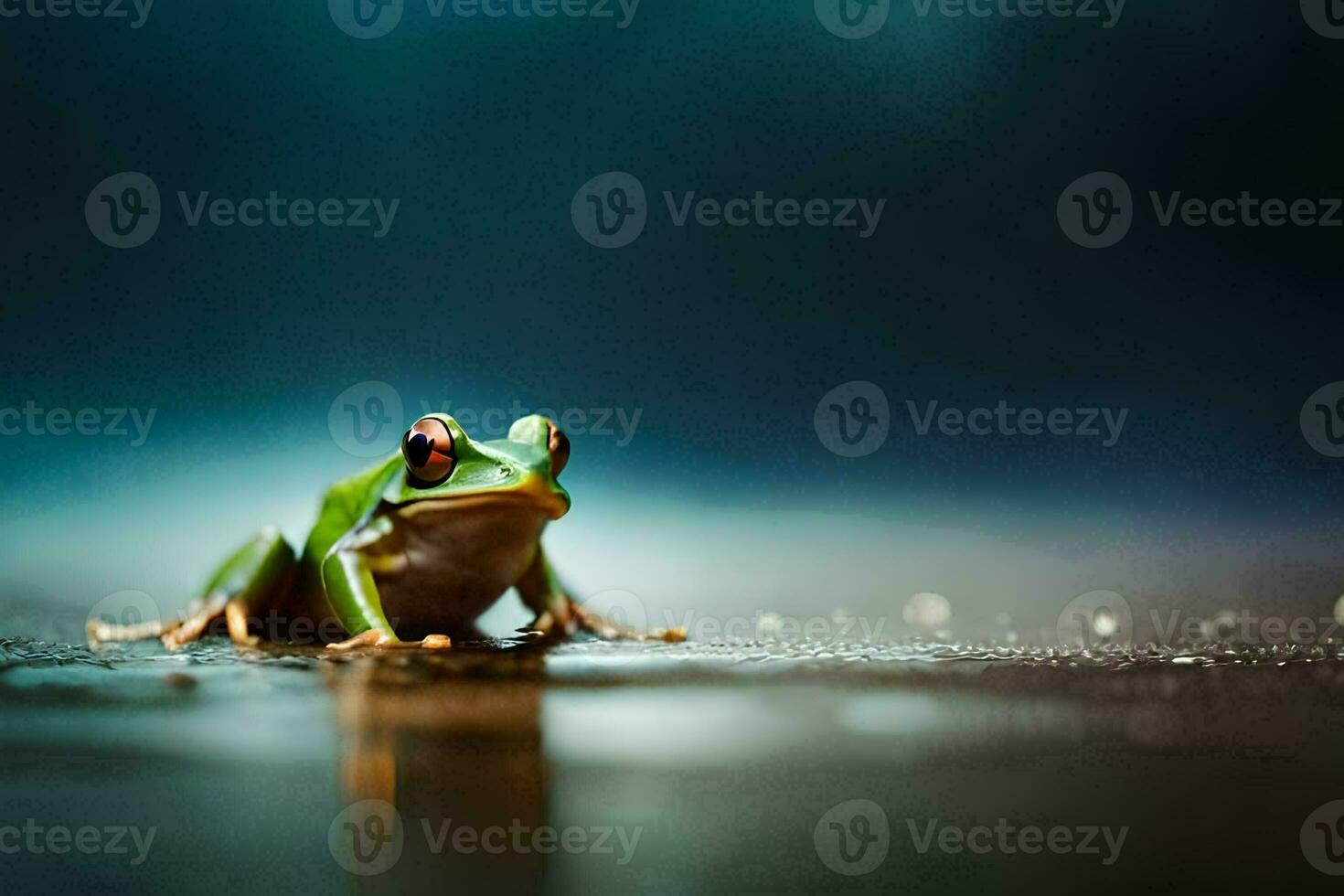 a frog sitting on the ground in the rain. AI-Generated photo