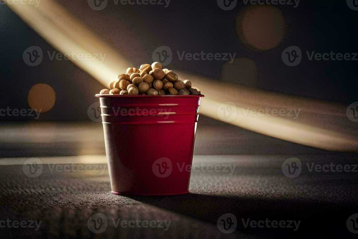 a red cup filled with peanuts sitting on a table. AI-Generated photo
