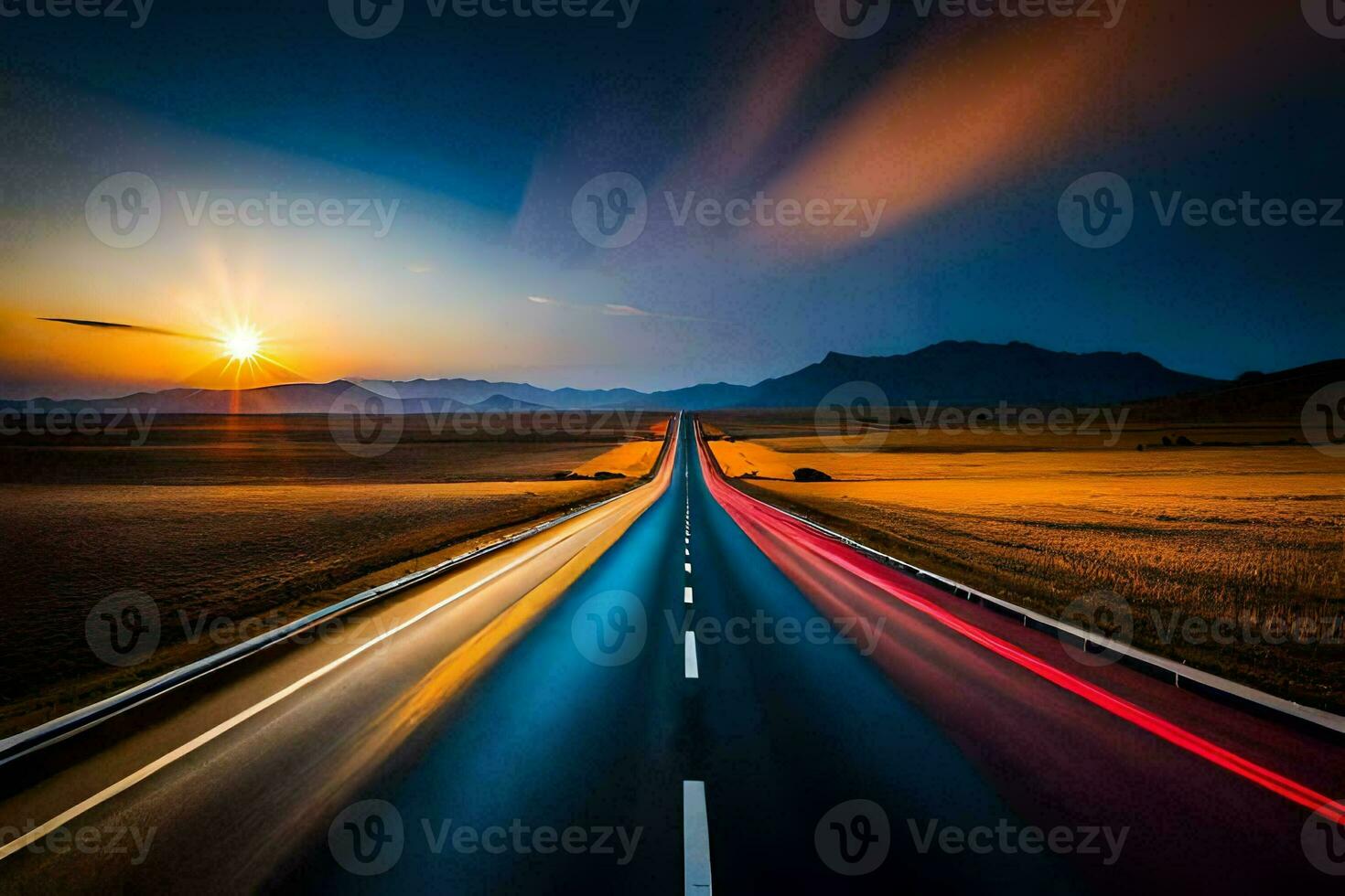 un largo exposición foto de un la carretera a puesta de sol. generado por ai