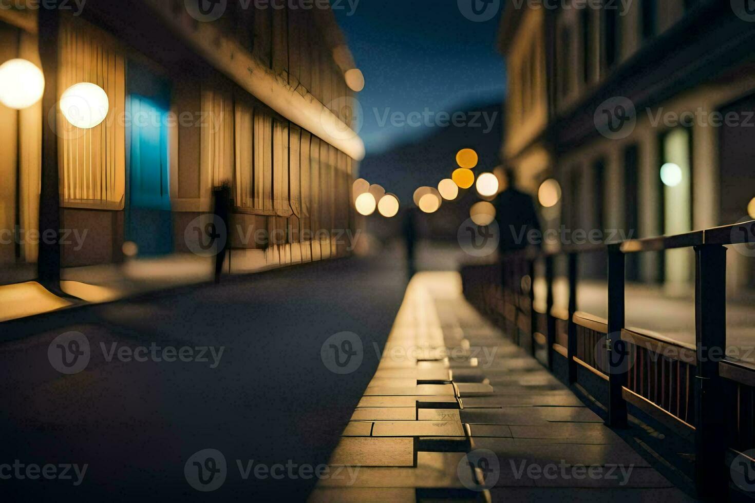 a street at night with people walking down it. AI-Generated photo