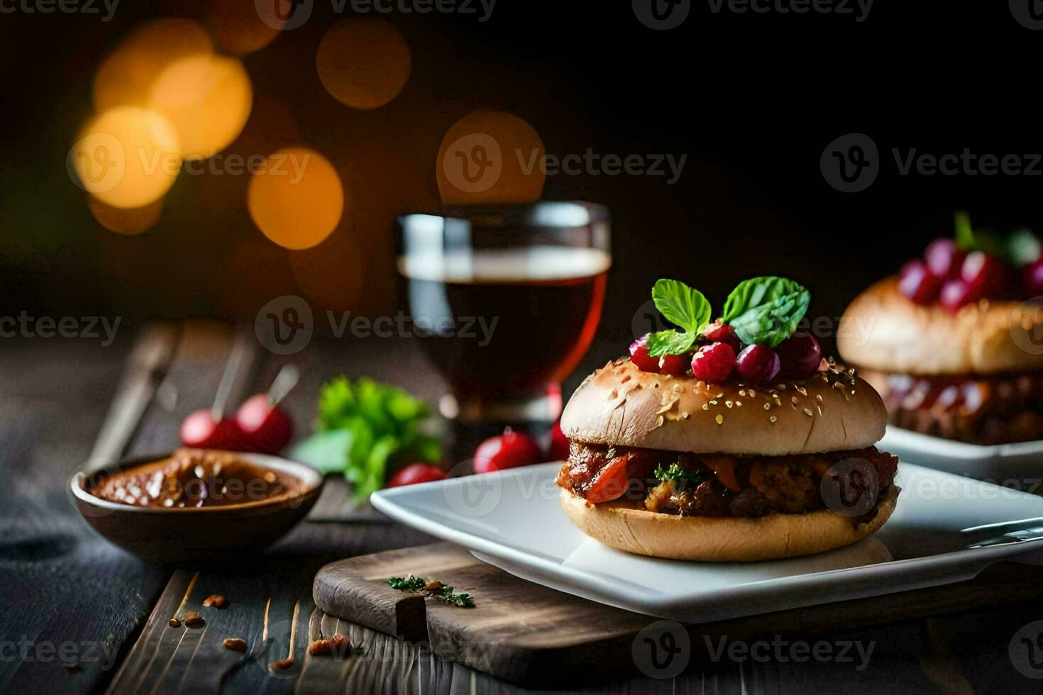 two hamburgers with sauce and cherries on a wooden table. AI-Generated photo