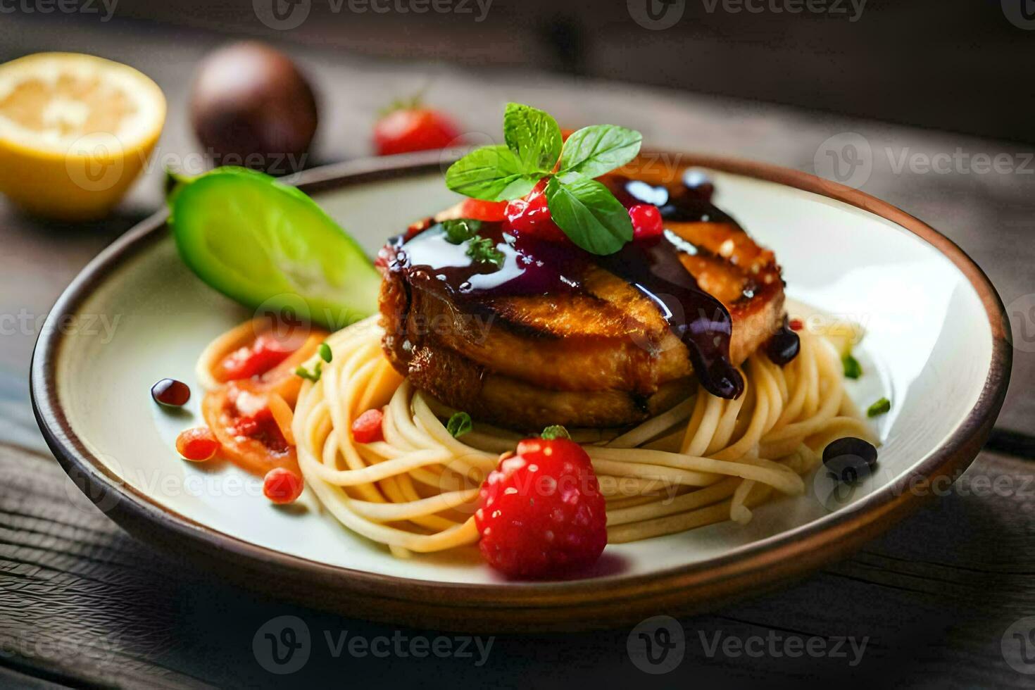 a plate with spaghetti and meat on it. AI-Generated photo