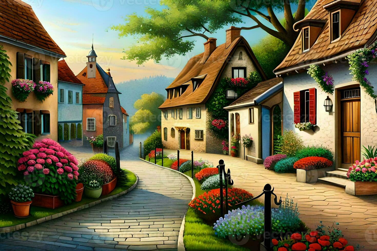 a painting of a street with houses and flowers. AI-Generated photo