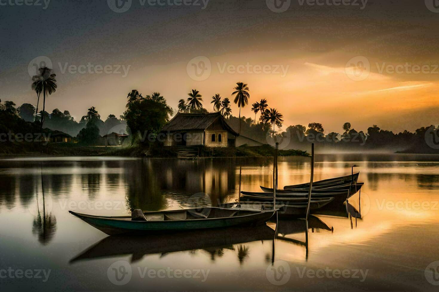 dos barcos sentar en el agua a puesta de sol. generado por ai foto