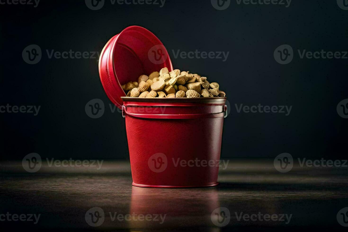 a red bucket filled with peanuts on a dark table. AI-Generated photo