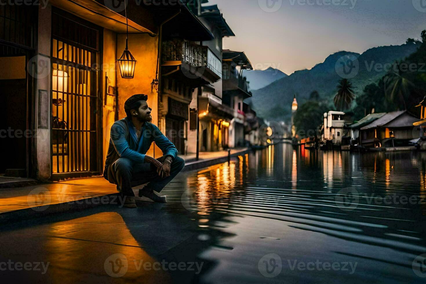 a man sitting on a dock in front of a building at night. AI-Generated photo