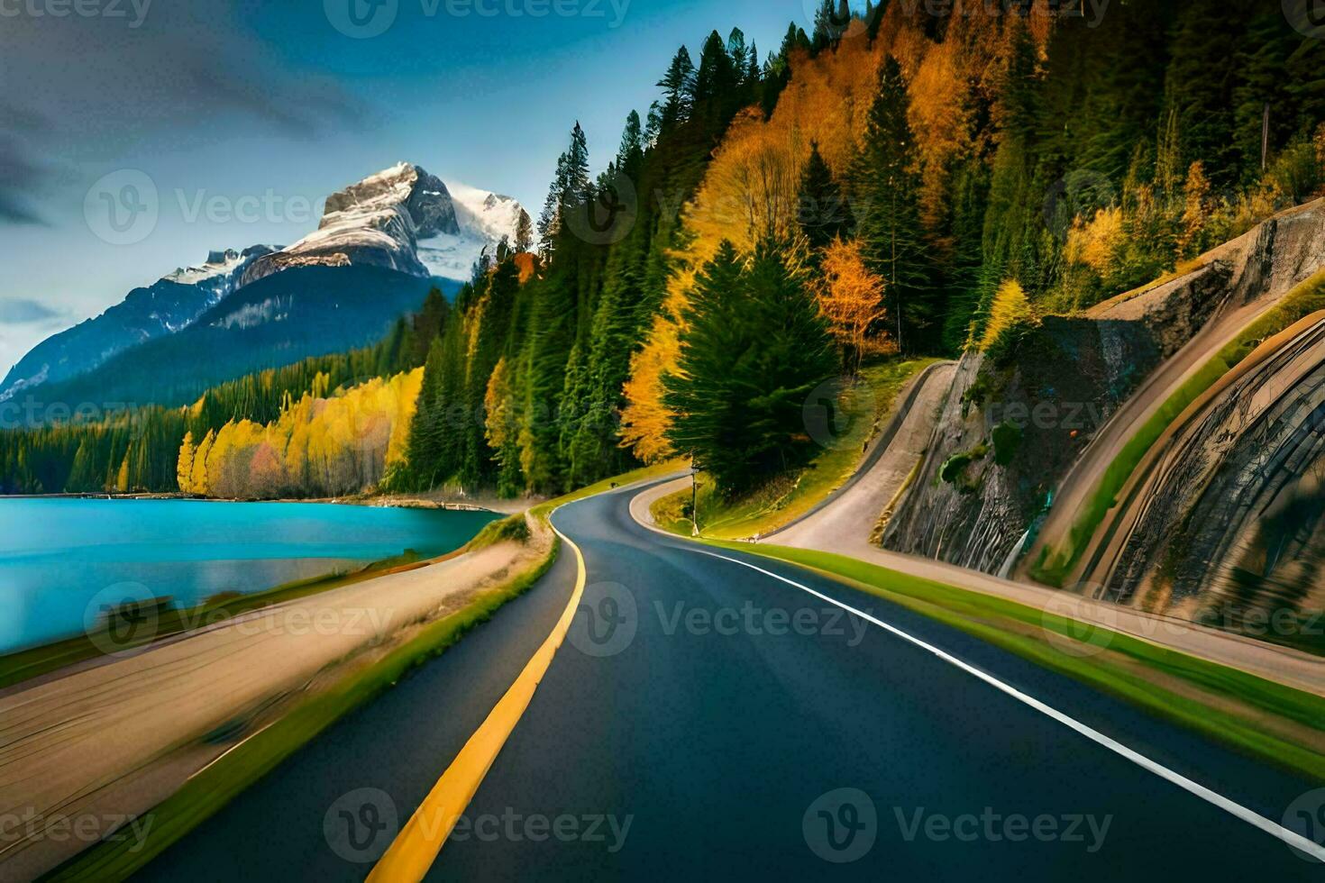 a road with mountains in the background and a lake. AI-Generated photo