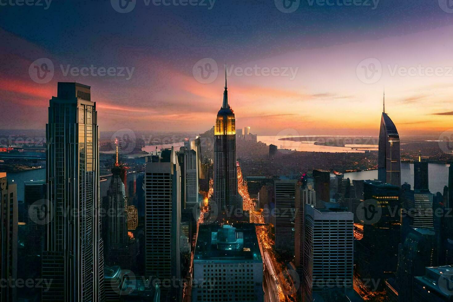 the empire state building is seen at sunset. AI-Generated photo