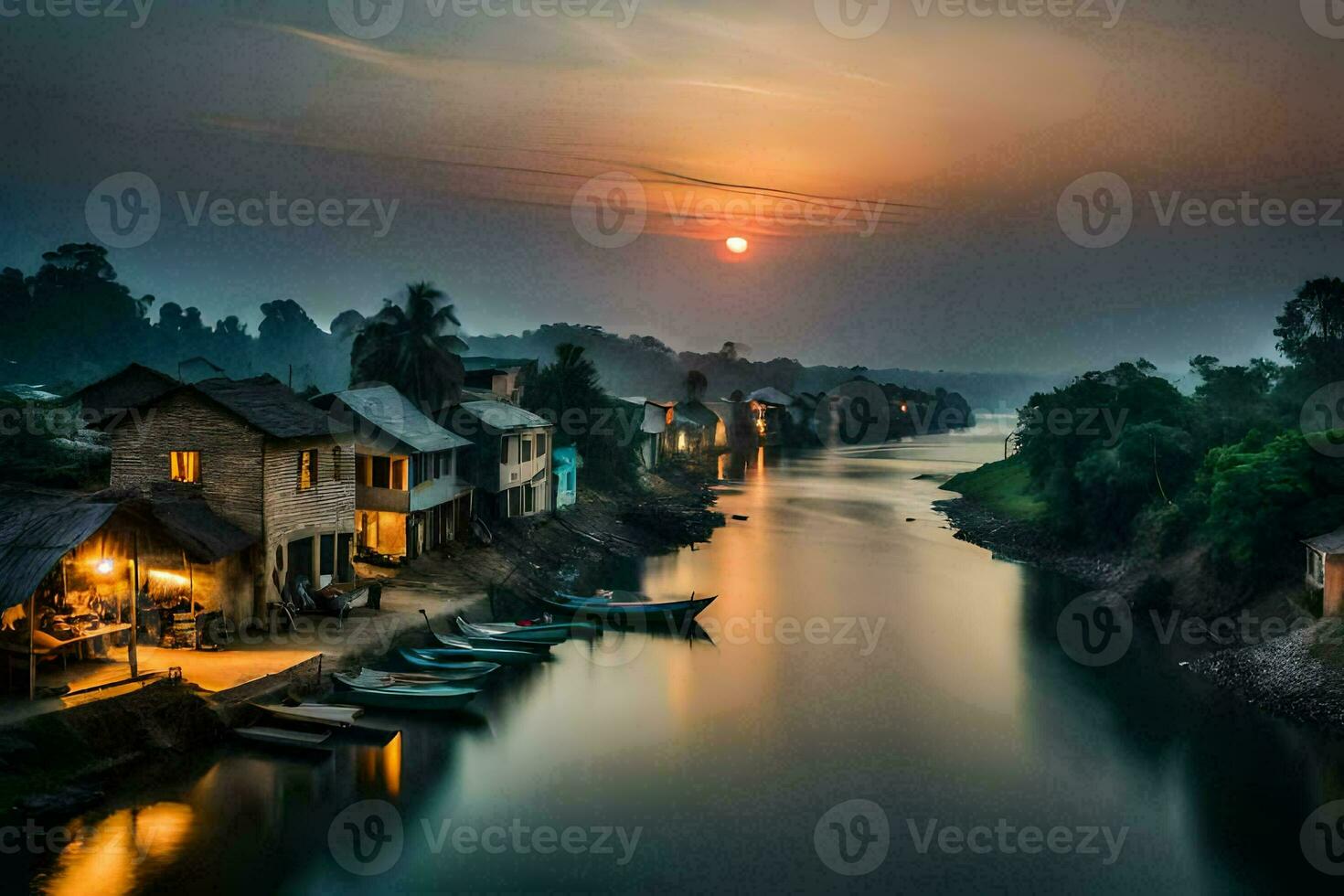 un río en el medio de un pueblo a puesta de sol. generado por ai foto
