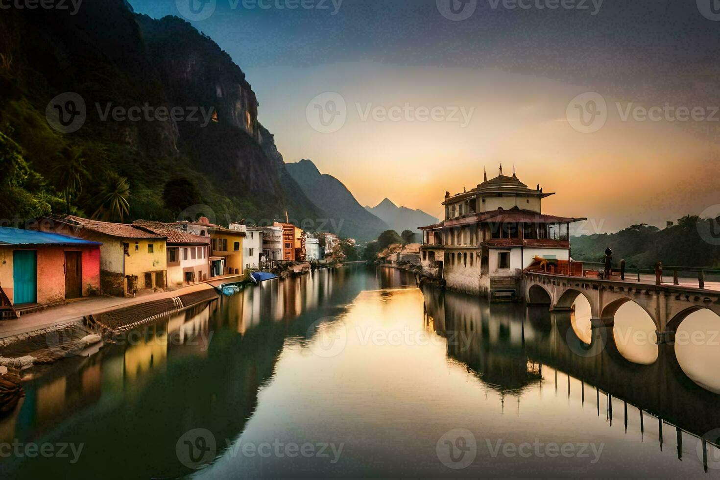 a river in the mountains with houses and a bridge. AI-Generated photo
